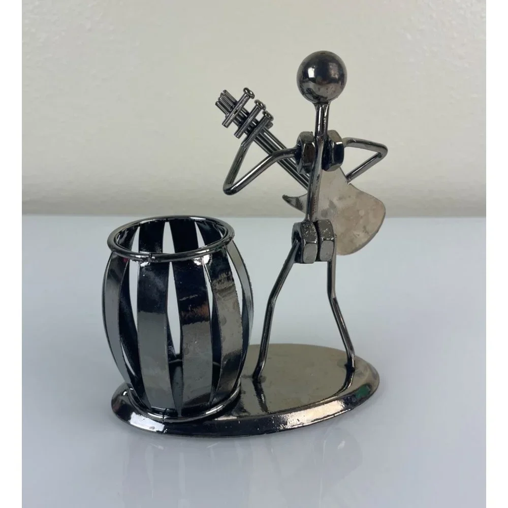 Unique Metal Guitar Player Pen Pencil Holder Desk, Office, Bolts, Music Gift